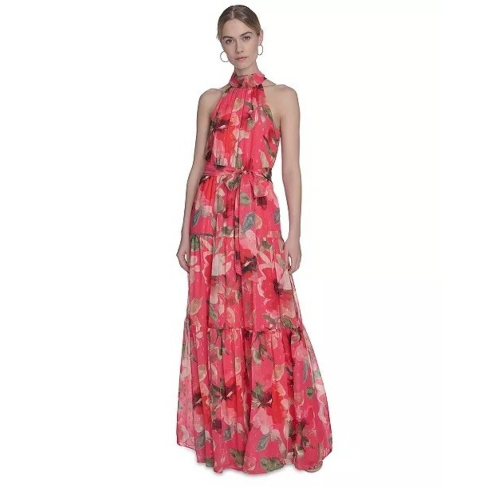 Eliza J Maxi Dress Women Pink Floral Metallic Clip Dot Tiered Halter 14P NWT